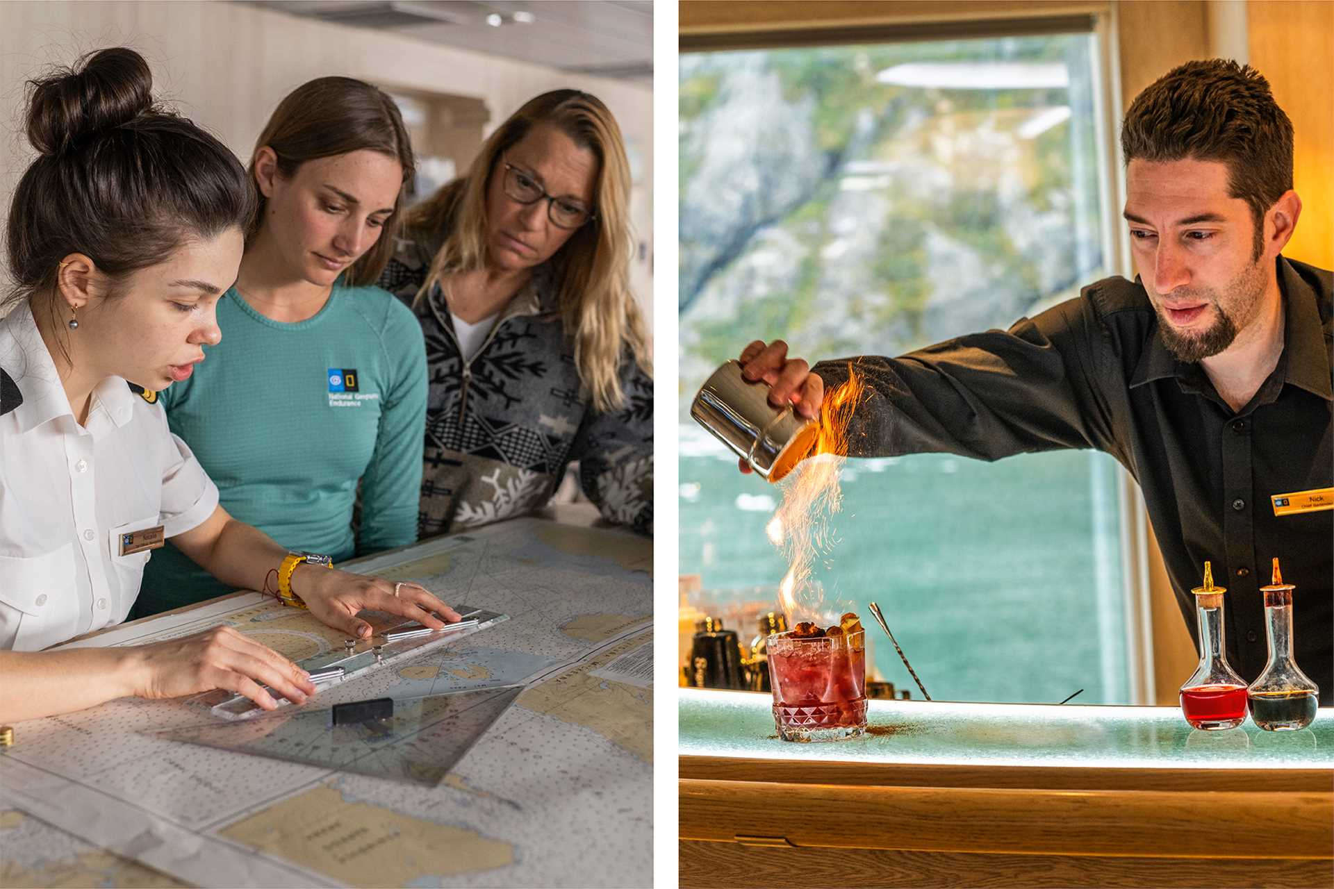 Left: Female crewmember from the National Geographic Resolution charts courses on a map while two female guests look on. Right: A male bartender garnishes a flaming cocktail.