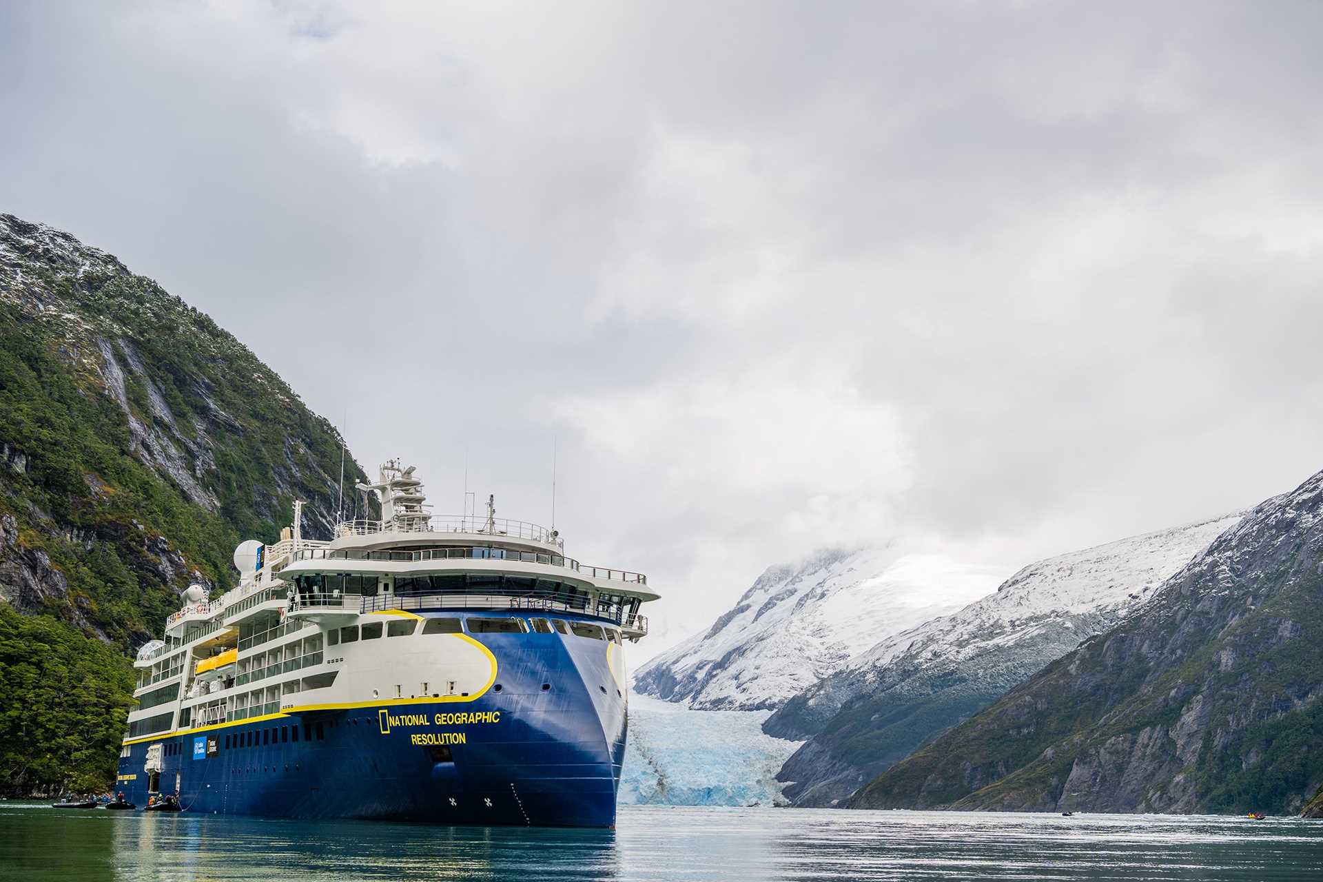 National Geographic Resolution parked in front of mountains and glaciers in Beagle Channel, Patagonia.