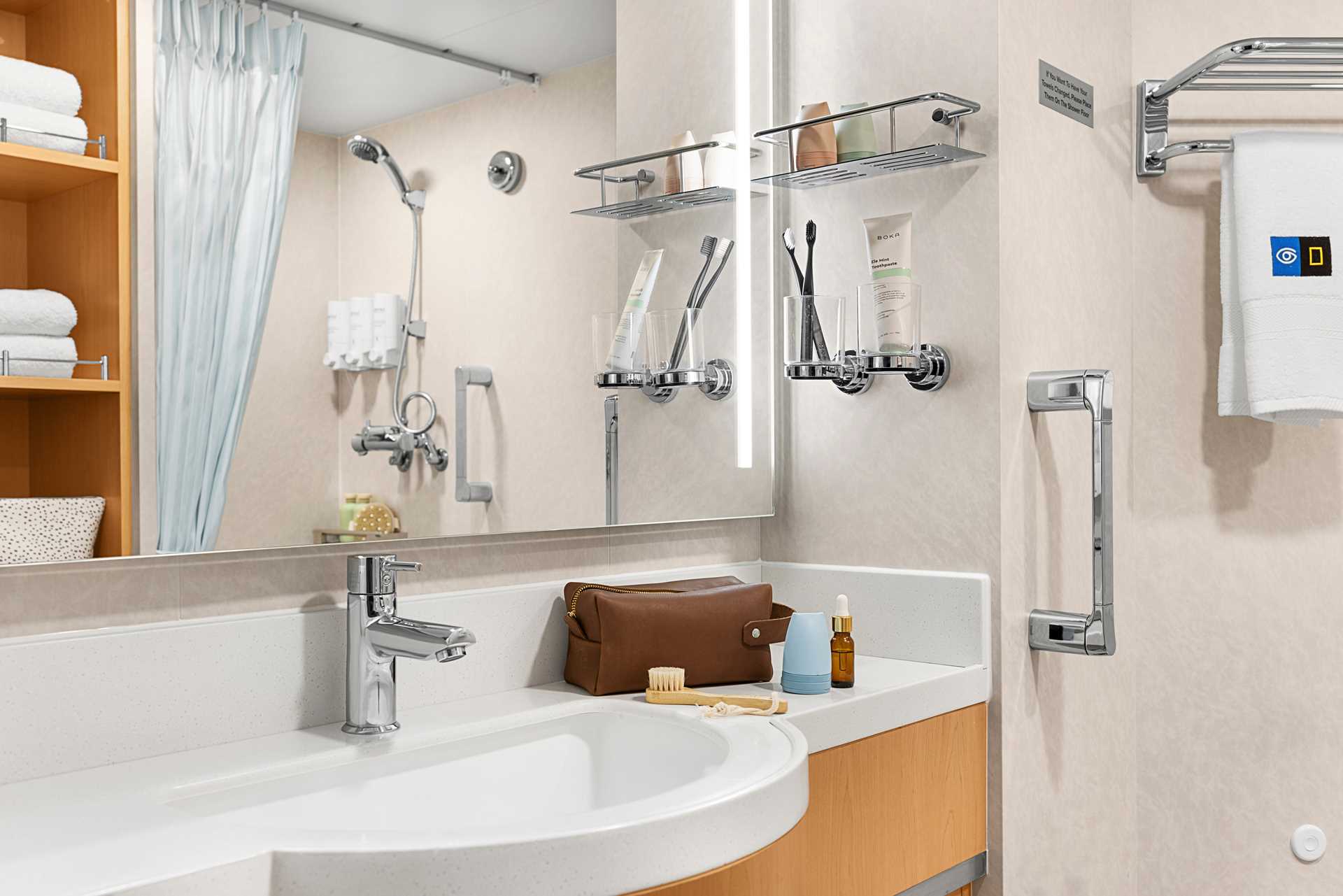 A bathroom in a cabin aboard the National Geographic Sea Bird.